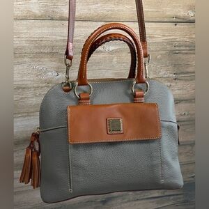 Dooney & Bourke Gray and Tan Pebbled Leather Satchel Embossed EUC